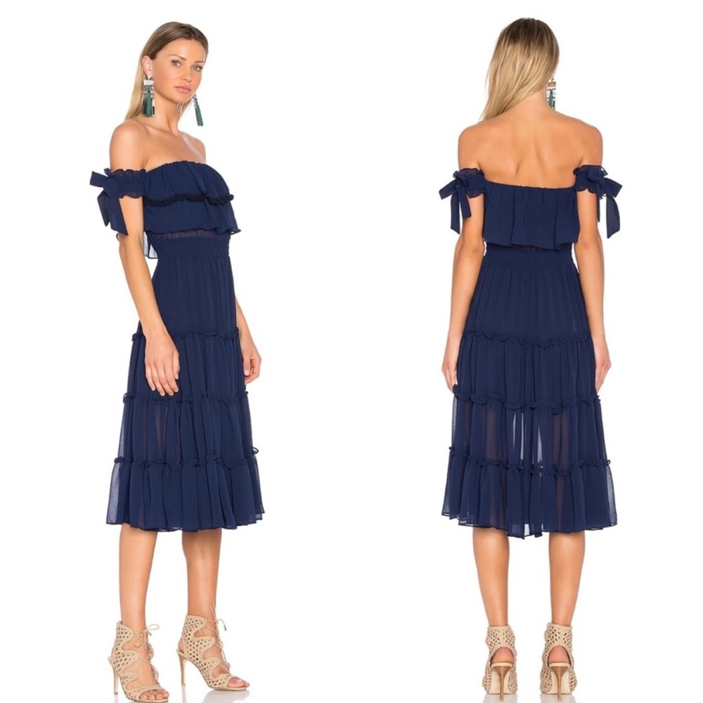 Misa Los Angeles Off-Shoulder Tiered Midi Dress in Navy